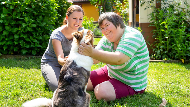 A disabled woman and her support worker play with a young dog.