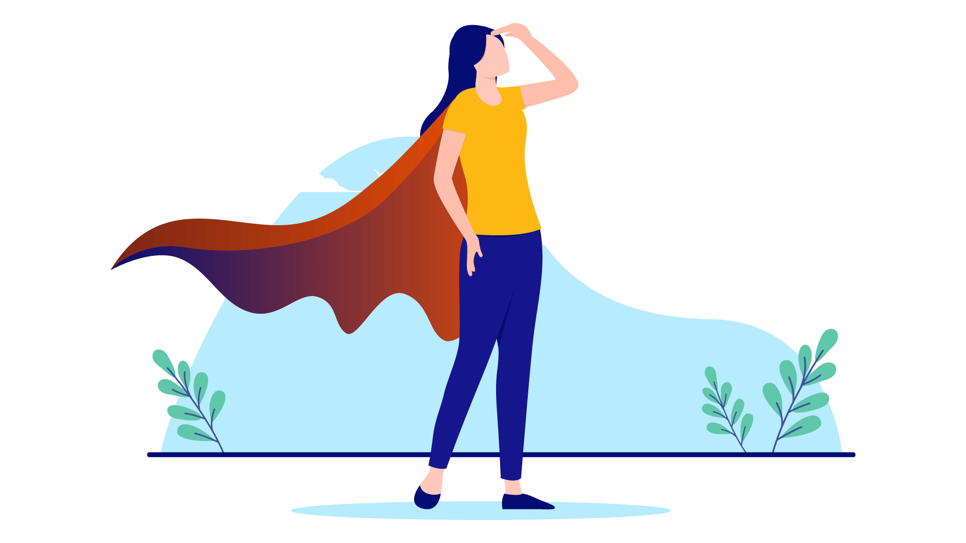 An illustration of a lady wearing a cape, with hand raised to forhead looking for something to demonstrate our vision.