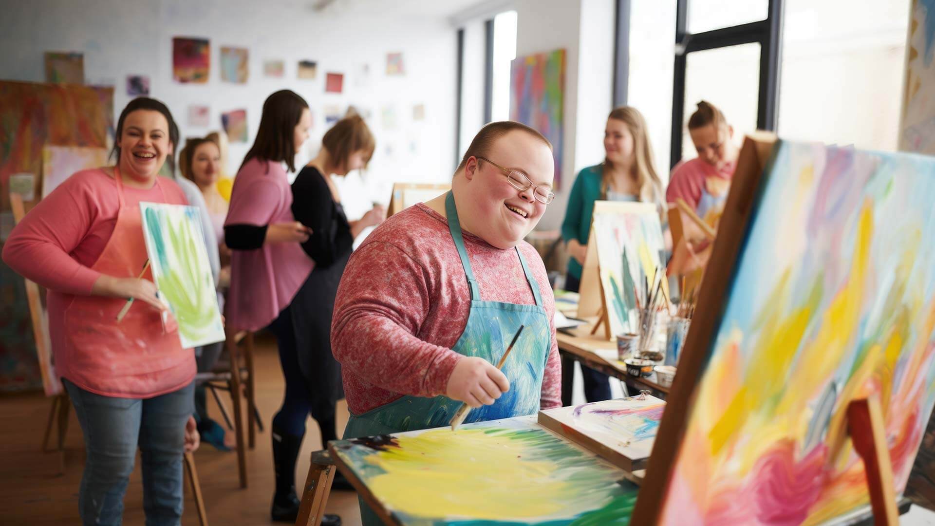 A man with Downs Syndrome smiles as he paints on bright colourful canvas in a class. This picture is used to illustrate the topic of reaching more NDIS participants as a Provider.